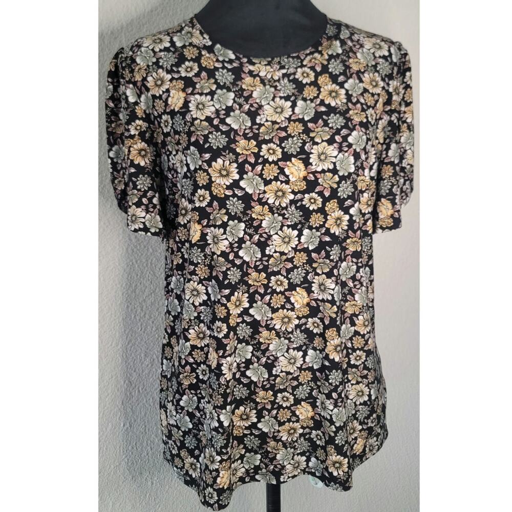 Ann Klein Vintage-style Black Light Multicolored Foral Short-sleeved Blouse Sz L